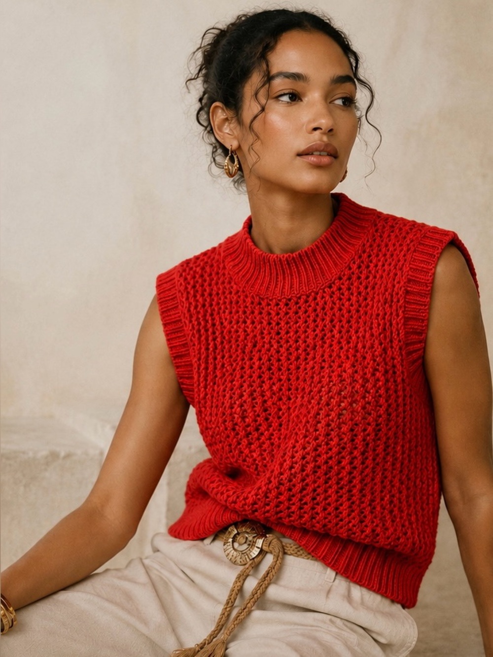 Anthropologie Self Contrast Alana Fishnet Sweater Vest Coral NWT Size Medium